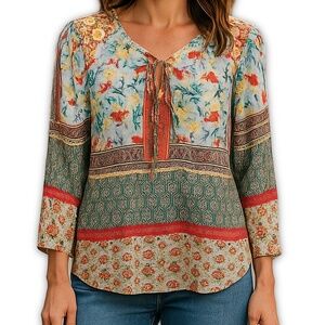Fig and Flower Peasant Top Floral Sheer Boho Size Small
